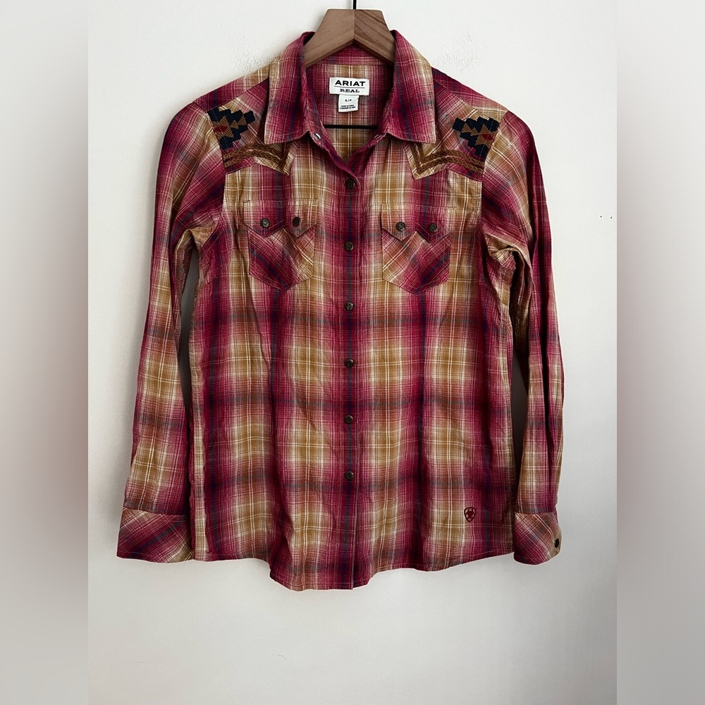 Ariat REAL womens Enchanting Shirt plaid ombre long sleeve snap button western S